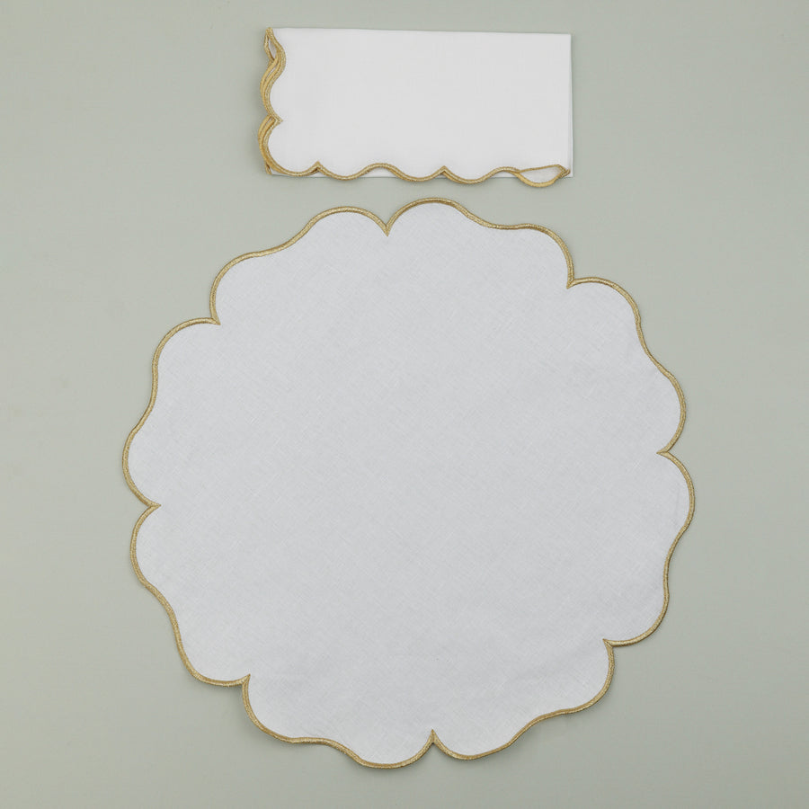 Set of Palma Napkin & Round Placemat, White with Matt Gold Embroidery (4 Pcs Each)