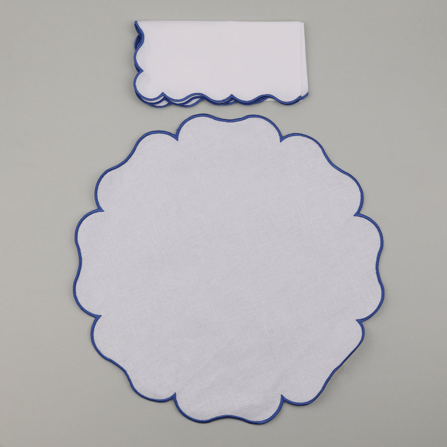 Set of Palma Napkin & Round Placemat, White with Dark Blue Embroidery (4 Pcs Each)