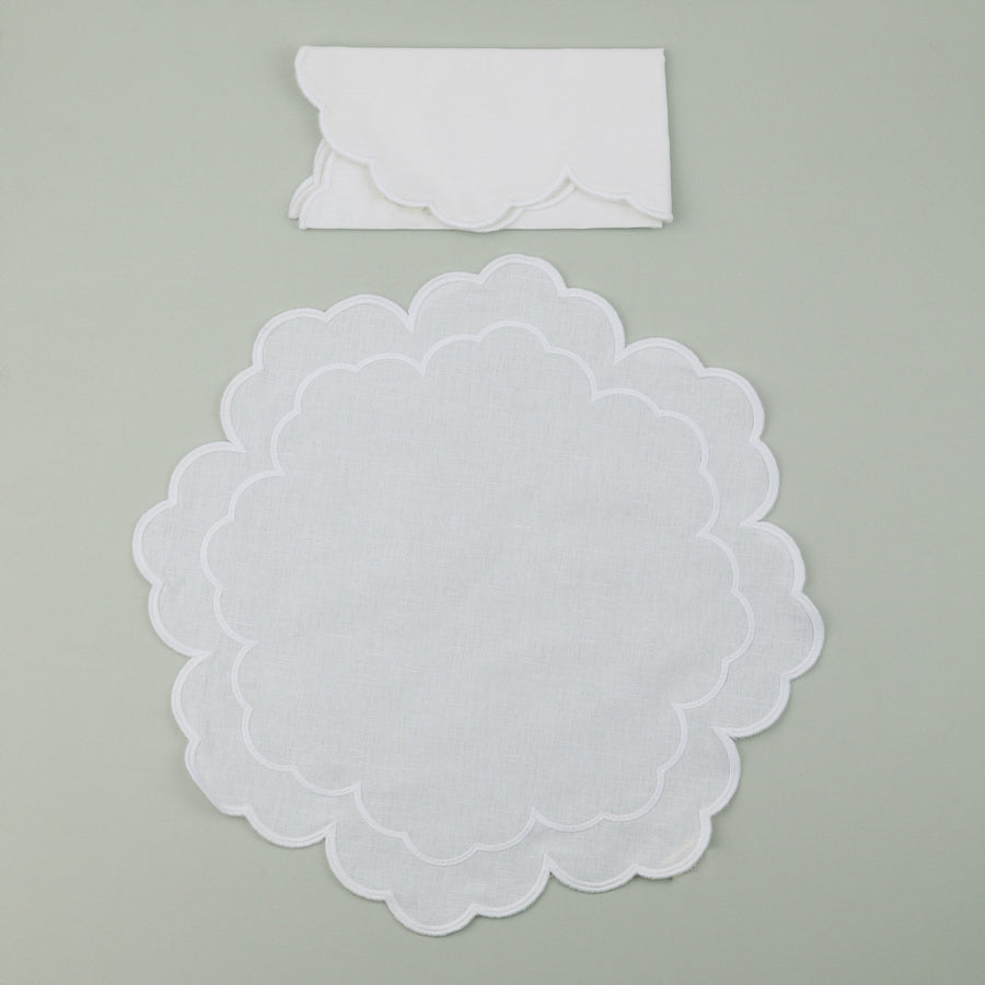 Set of Iris Napkin & Round Placemat, White with White Embroidery (4 Pcs Each)