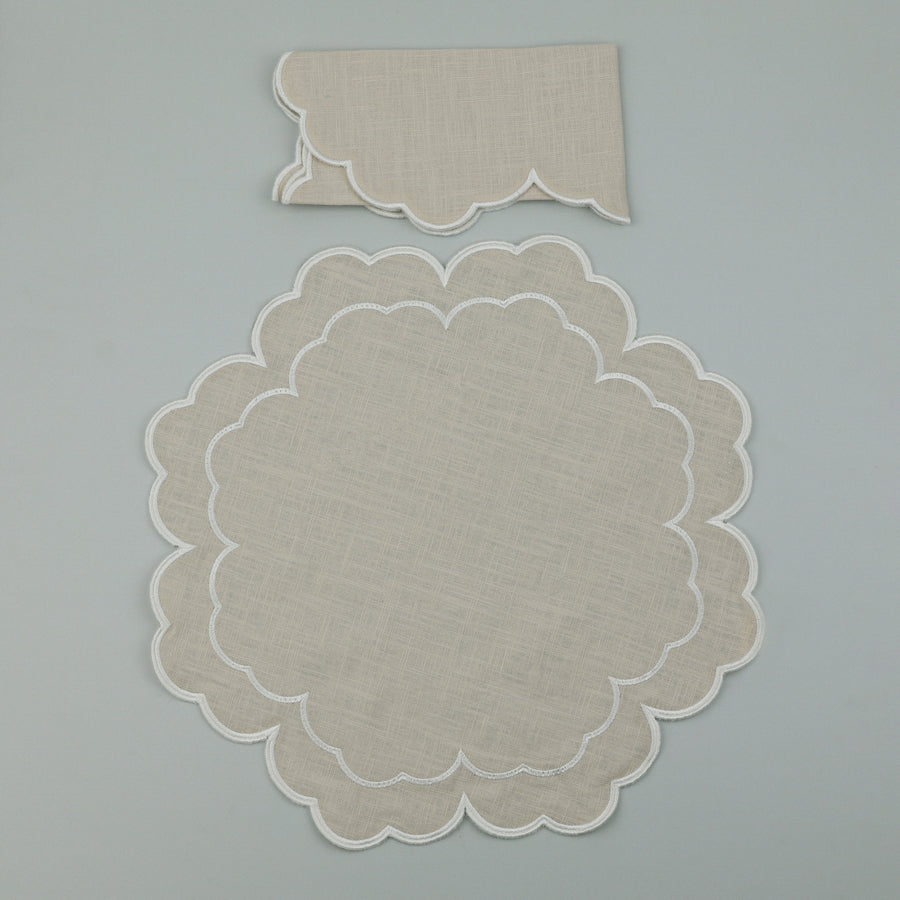 Set of Iris Napkin & Round Placemat, Beige with White Embroidery (4 Pcs Each)