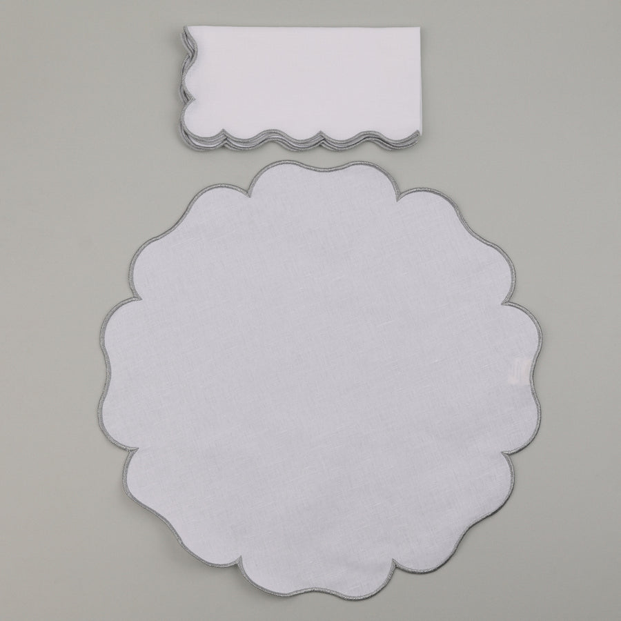 Set of Palma Napkin & Round Placemat, White with Metallic Silver Embroidery (4 Pcs Each)