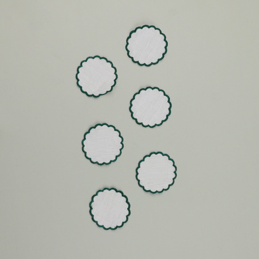 Pao Coaster, 100% White Linen with Green Embroidery, 7 cm diameter (Set of 6 Pcs)