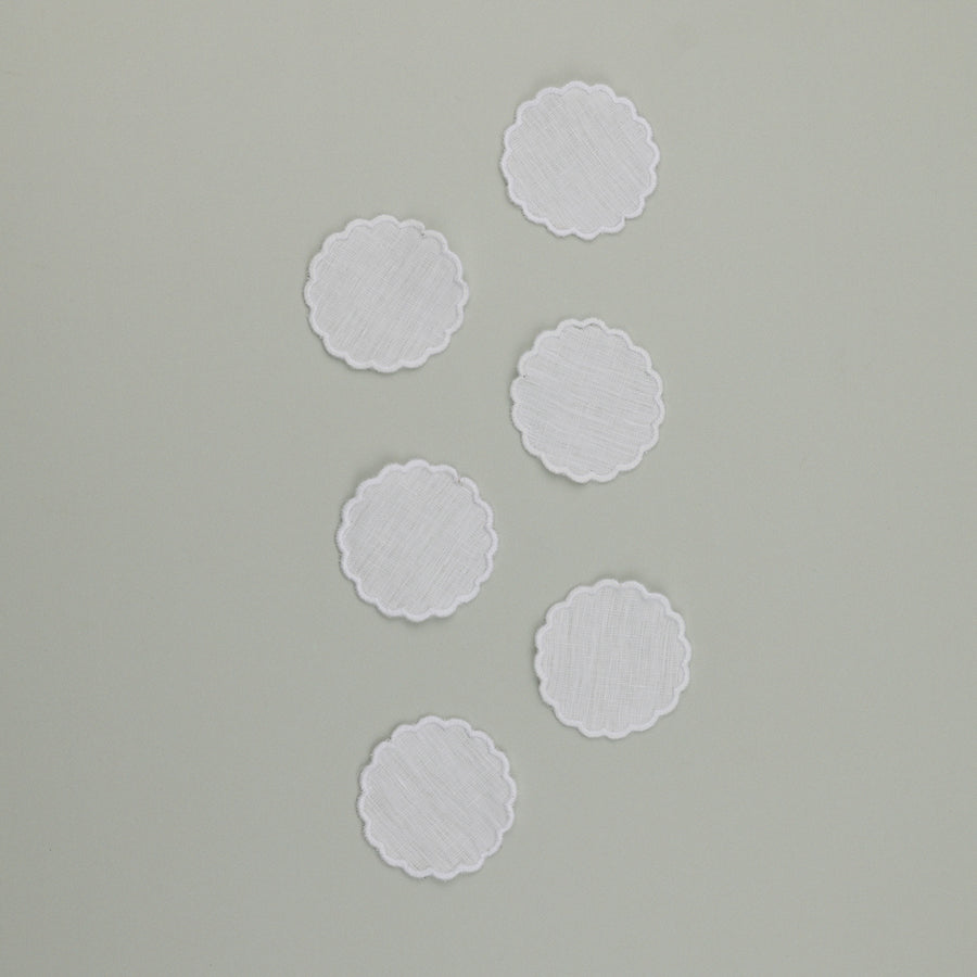 Pao Coaster, 100% White Linen with White Embroidery, 7 cm diameter (Set of 6 Pcs)