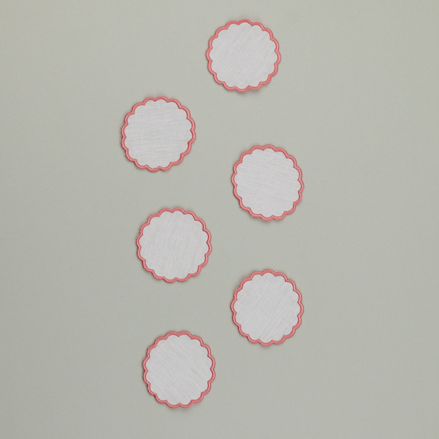 Pao Coaster, 100% White Linen with Pink Embroidery, 7 cm diameter (Set of 6 Pcs)