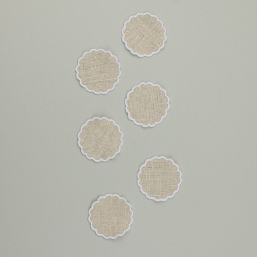 Pao Coaster, 100% Linen Beige with White Embroidery, 7 cm diameter (Set of 6 Pcs)