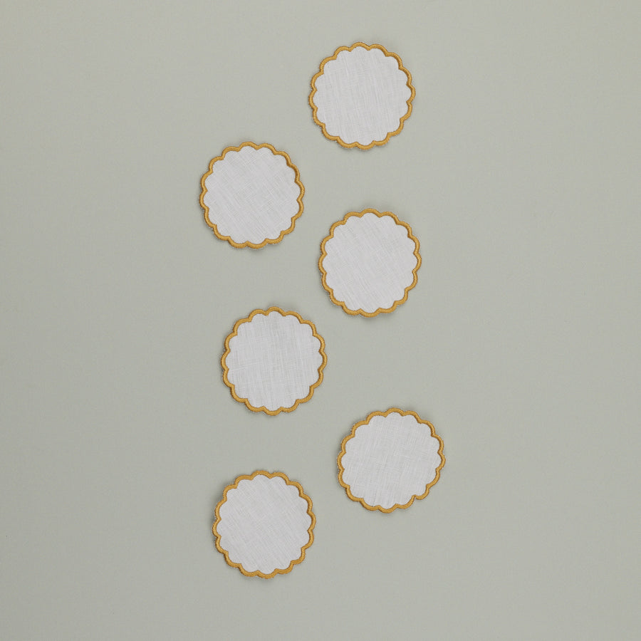 Pao Coaster, 100% White Linen with Yellow Embroidery, 7 cm diameter (Set of 6 Pcs)