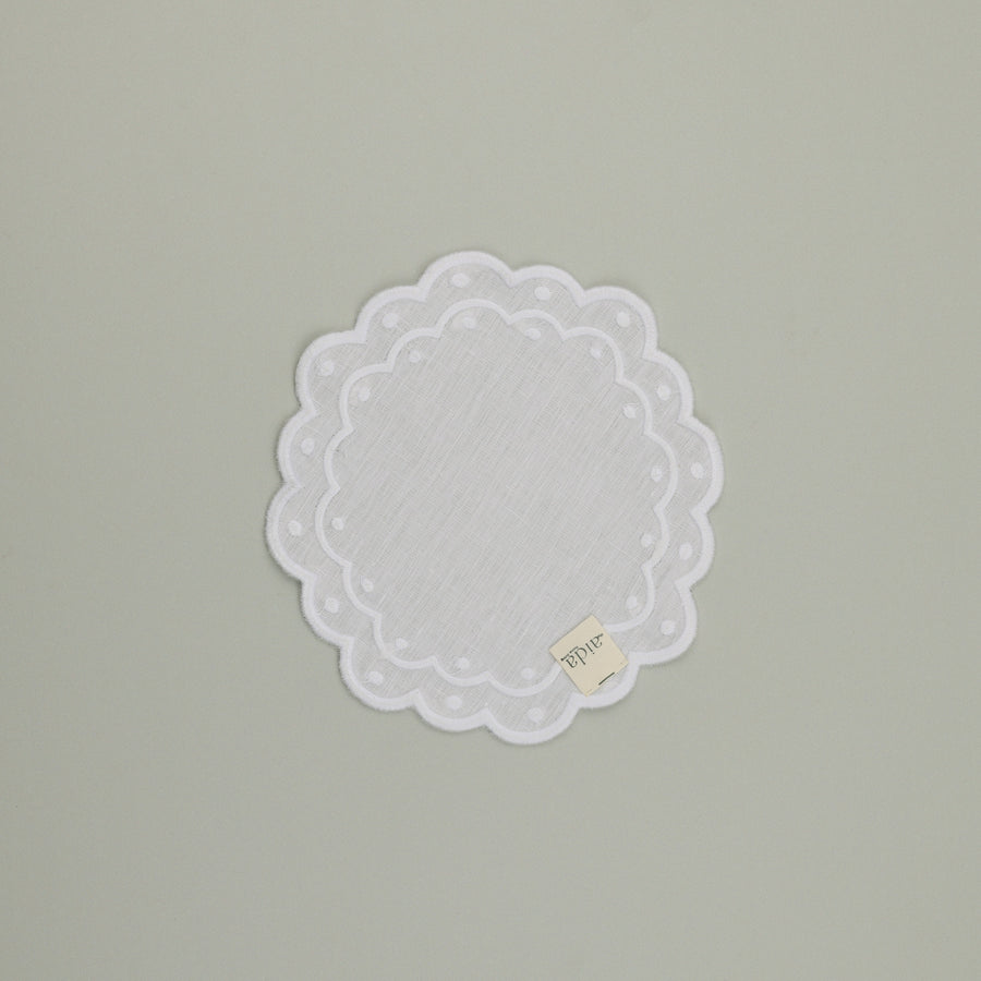 Bolinhas Coaster, 100% White Linen with White Embroidery, 22 cm diameter (Set of 6 Pcs)