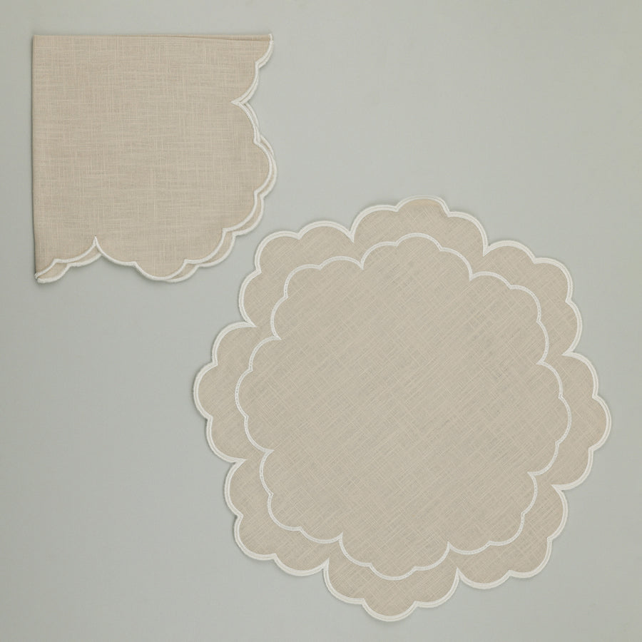 Set of Iris Napkin & Round Placemat, Beige with White Embroidery (4 Pcs Each)