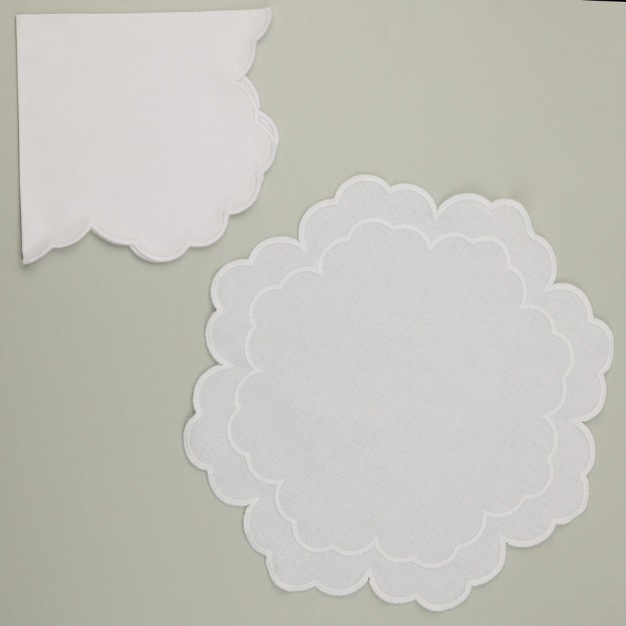 Set of Iris Napkin & Round Placemat, White with White Embroidery (4 Pcs Each)