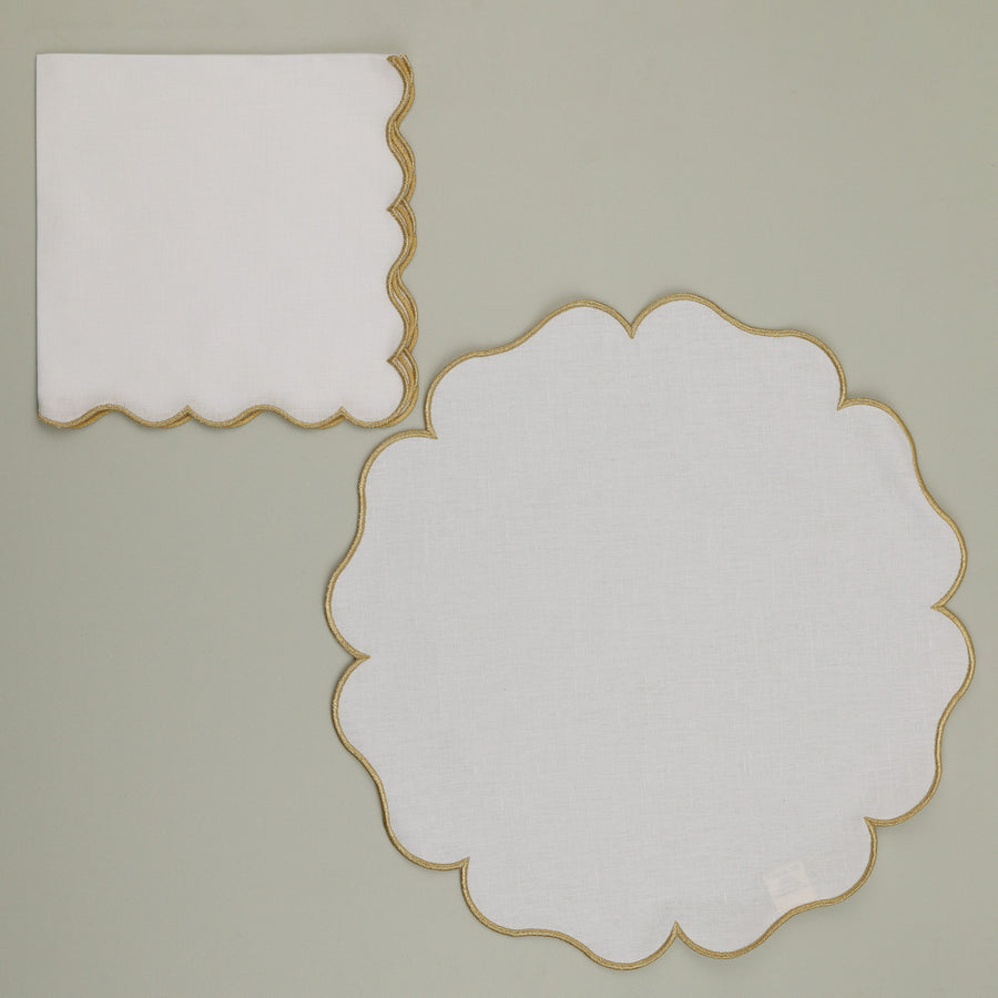 Set of Palma Napkin & Round Placemat, White with Matt Gold Embroidery (4 Pcs Each)