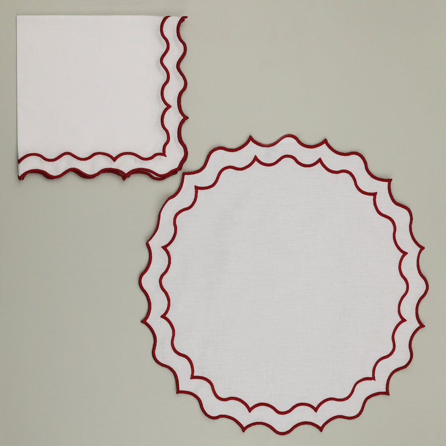 Set of Navy Napkin & Round Placemat, White with Bordeaux Embroidery (4 Pcs Each)