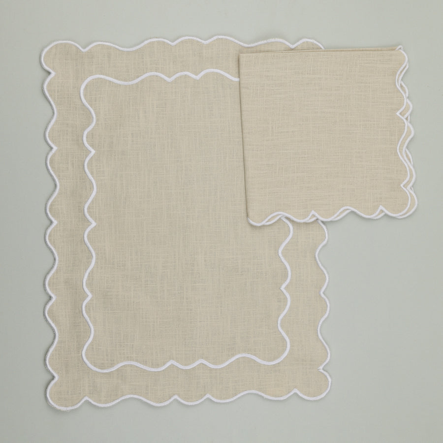 Set of Ondulado Napkin & Placemat, Beige with White Embroidery (4 Pcs Each)