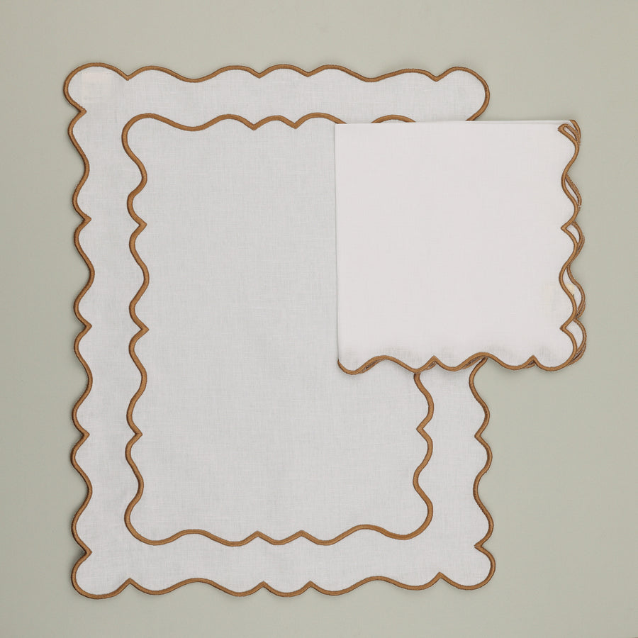 Set of Ondulado Napkin & Placemat, White with Beige Embroidery (4 Pcs Each)