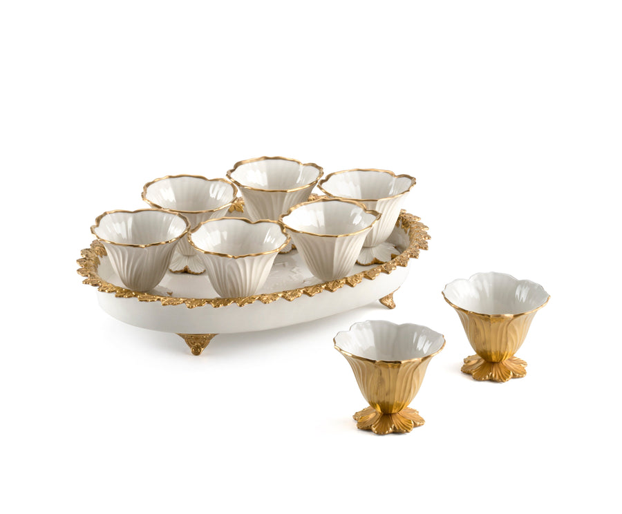 Bell Flower Cup Ice Cream Bowl, White with Matt Gold Thread, Box of 6