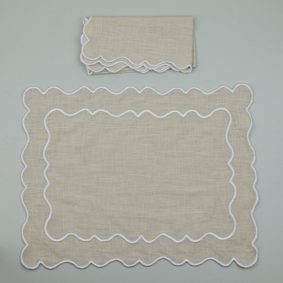 Set of Ondulado Napkin & Placemat, Beige with White Embroidery (4 Pcs Each)