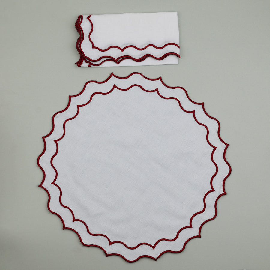 Set of Navy Napkin & Round Placemat, White with Bordeaux Embroidery (4 Pcs Each)