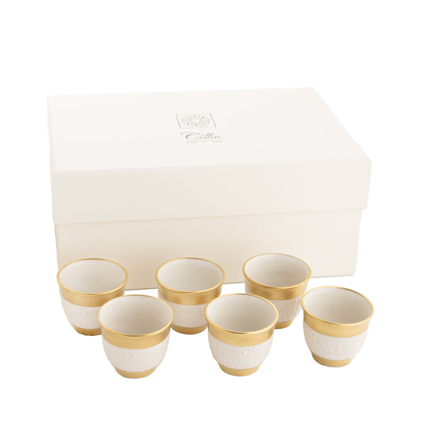 Gloria Arabic Coffee Cup, White & Gold, Box of 6