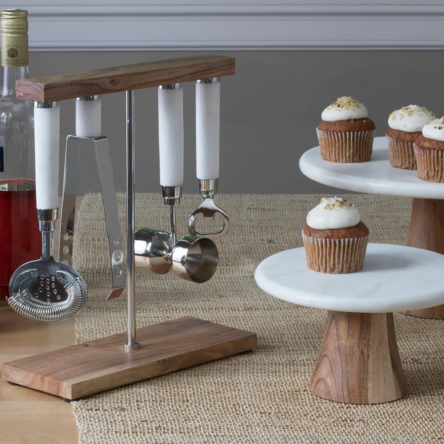 White Marble & Wood Cake Stand, Large