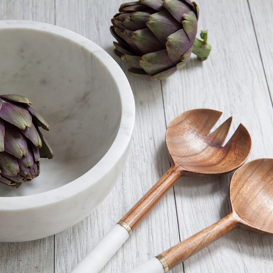 White Marble & Wood Serving Set