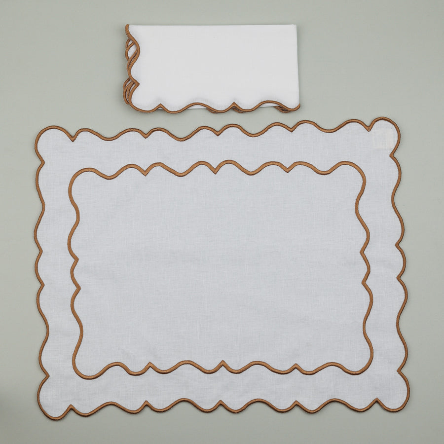 Set of Ondulado Napkin & Placemat, White with Beige Embroidery (4 Pcs Each)