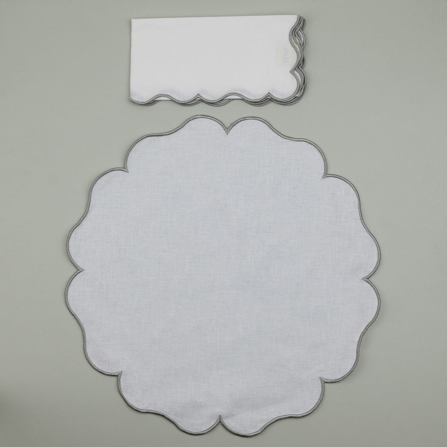 Set of Palma Napkin & Round Placemat, White with Grey Embroidery (4 Pcs Each)