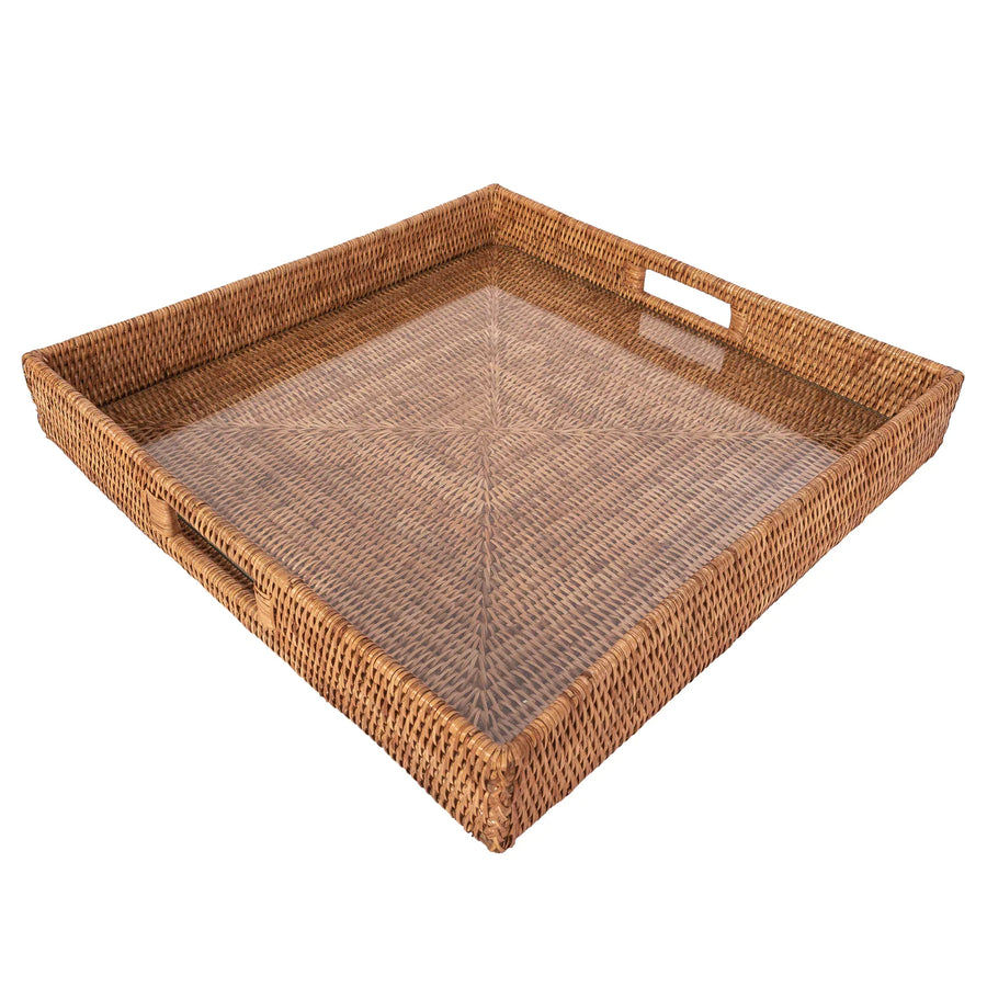 Square Serving Ottoman Trays with Glass Insert - Honey Brown 20x20 in.