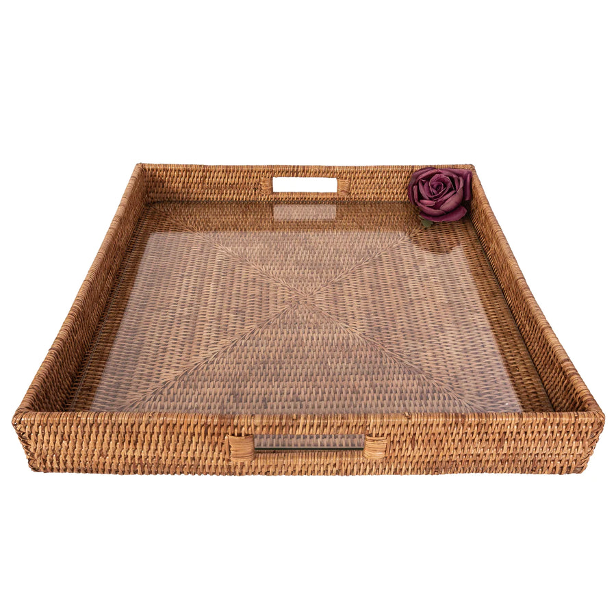 Square Serving Ottoman Trays with Glass Insert - Honey Brown 20x20 in.