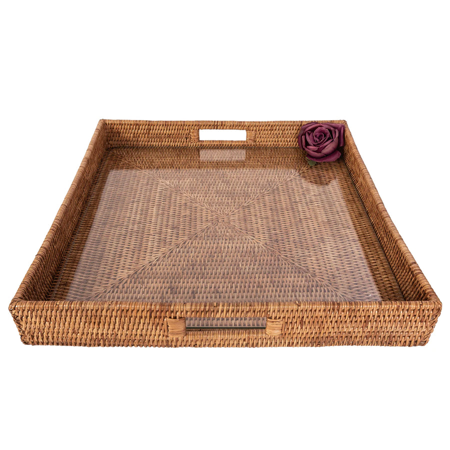 Square Serving Ottoman Trays with Glass Insert - Honey Brown 16x16 in.