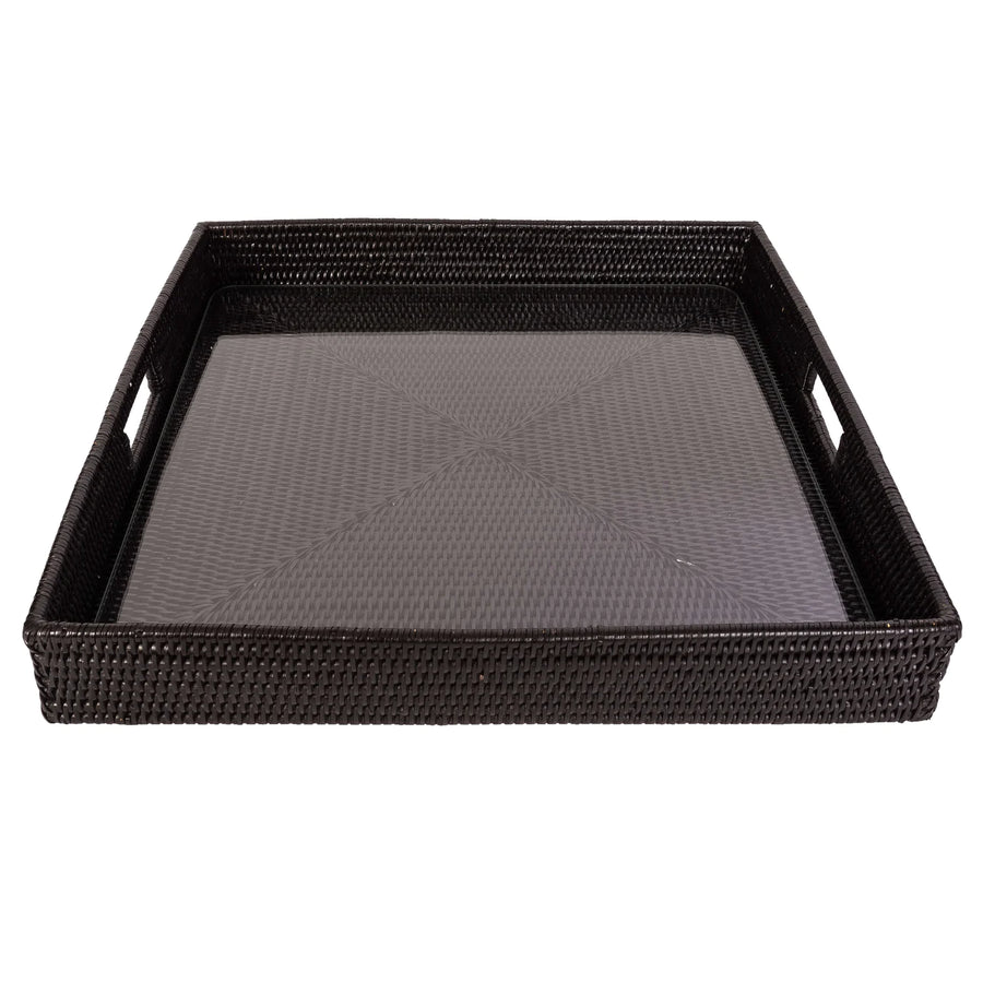 Square Serving Ottoman Trays with Glass Insert - Tudor Black 16x16 in.