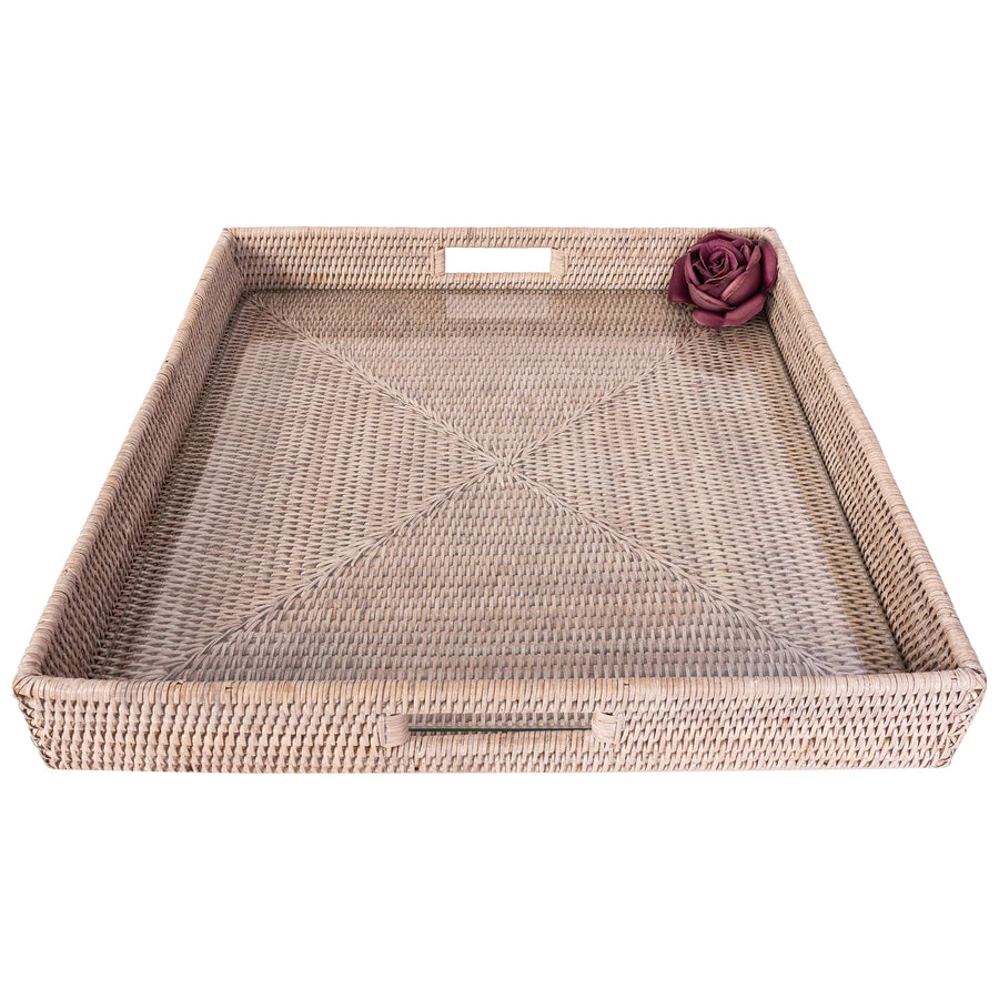 Square Serving Ottoman Trays with Glass Insert - White Wash 20x20 in.