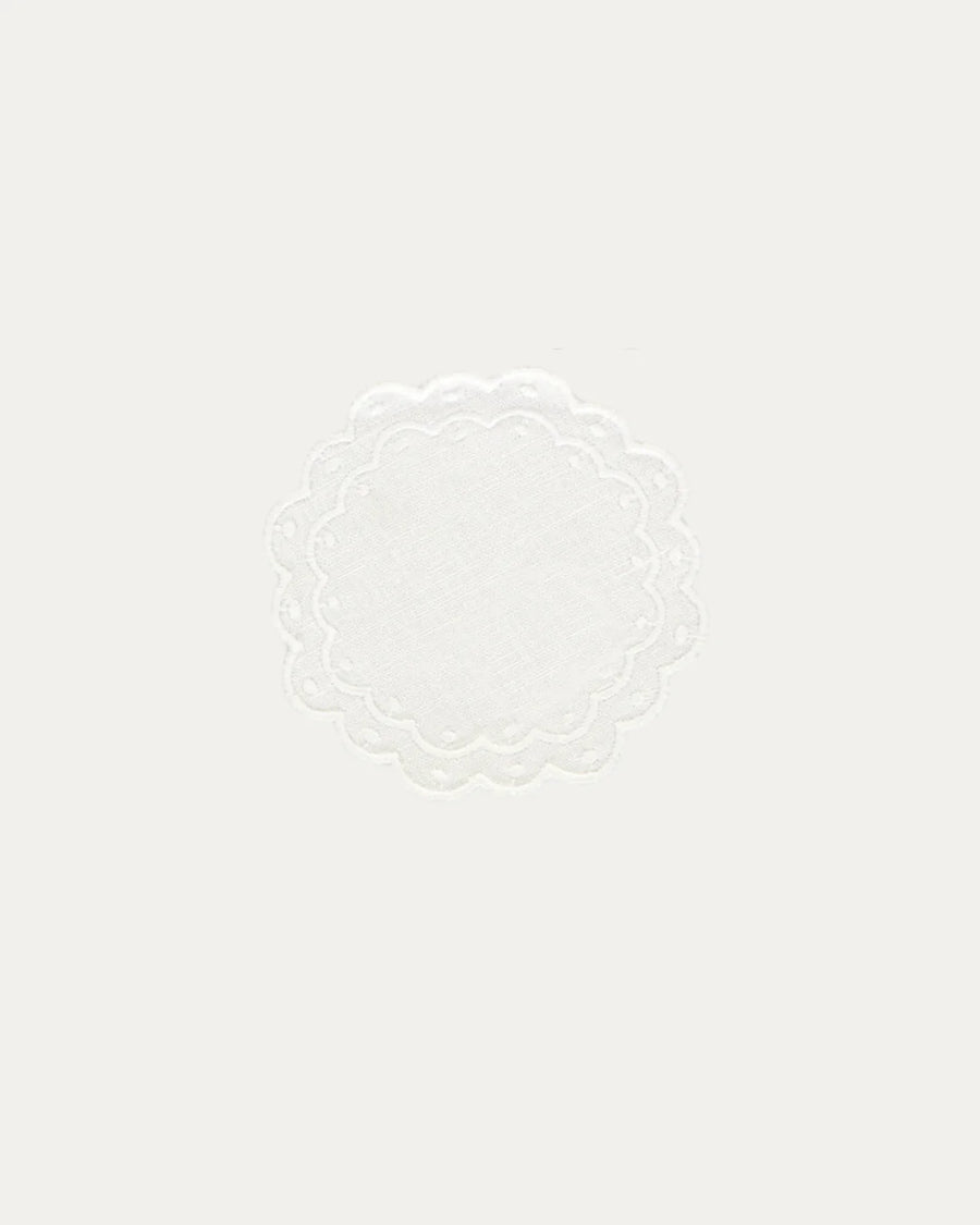 Bolinhas Coaster, 100% White Linen with White Embroidery, 10 cm diameter (Set of 6 Pcs)