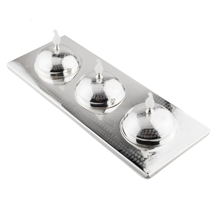 3-Section Tray on Chisel No. 20 with White Flame Glass Knob Covers