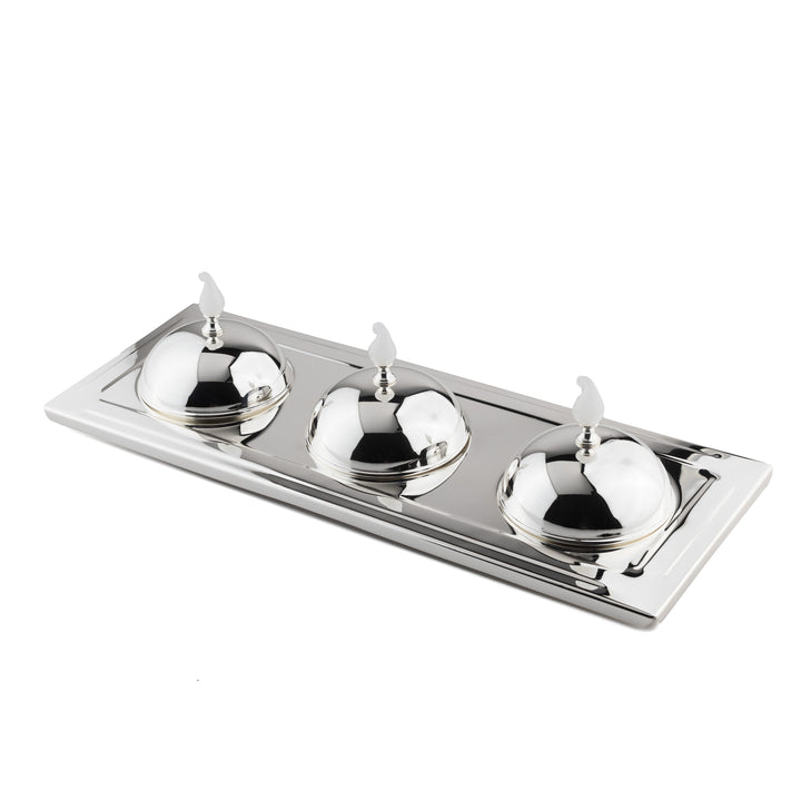 3-Section Tray Smooth Surface, with White Flame Glass Knob Covers