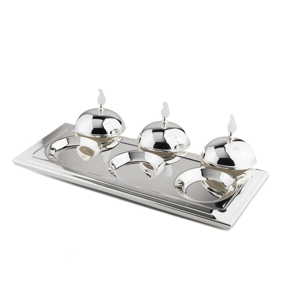 3-Section Tray Smooth Surface, with White Flame Glass Knob Covers
