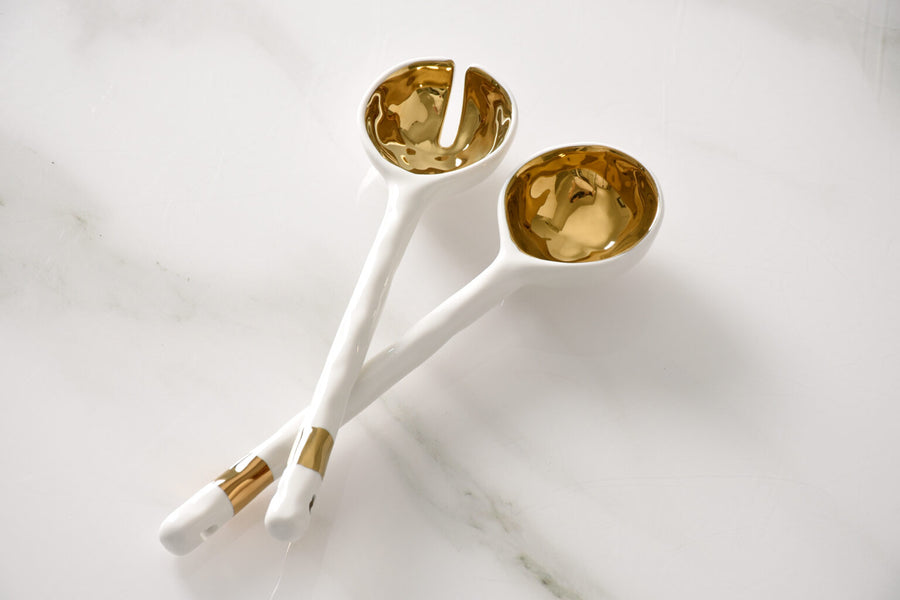 Porcelain Salad Server Set Gold