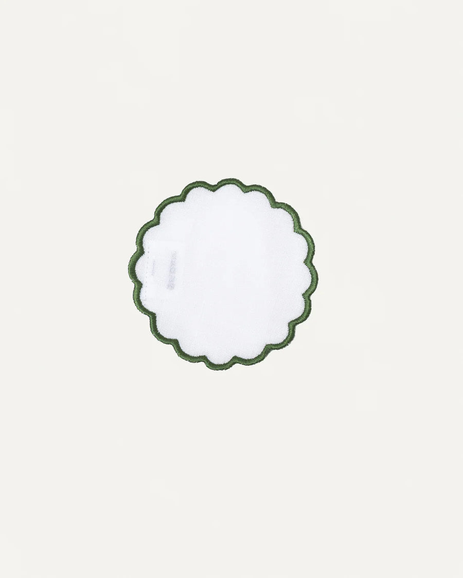 Pao Coaster, 100% White Linen with Green Embroidery, 7 cm diameter (Set of 6 Pcs)