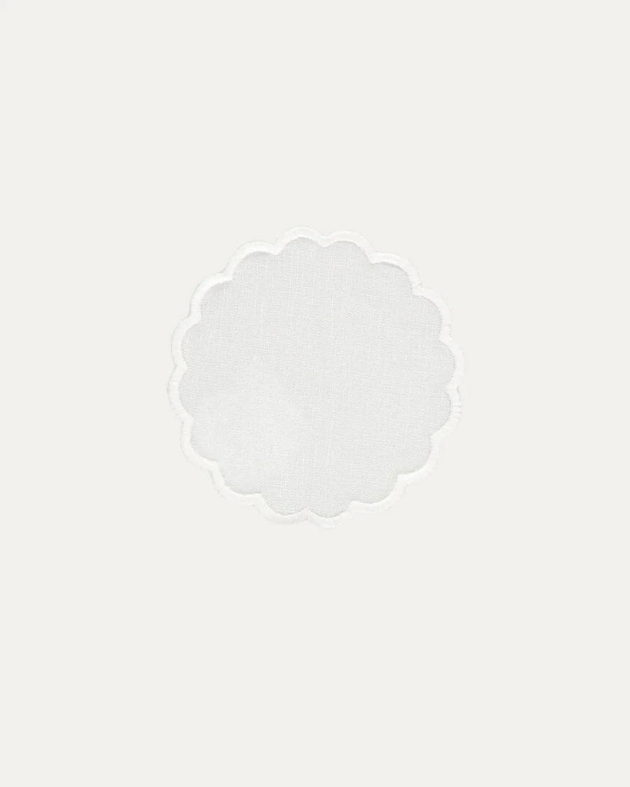 Pao Coaster, 100% White Linen with White Embroidery, 7 cm diameter (Set of 6 Pcs)