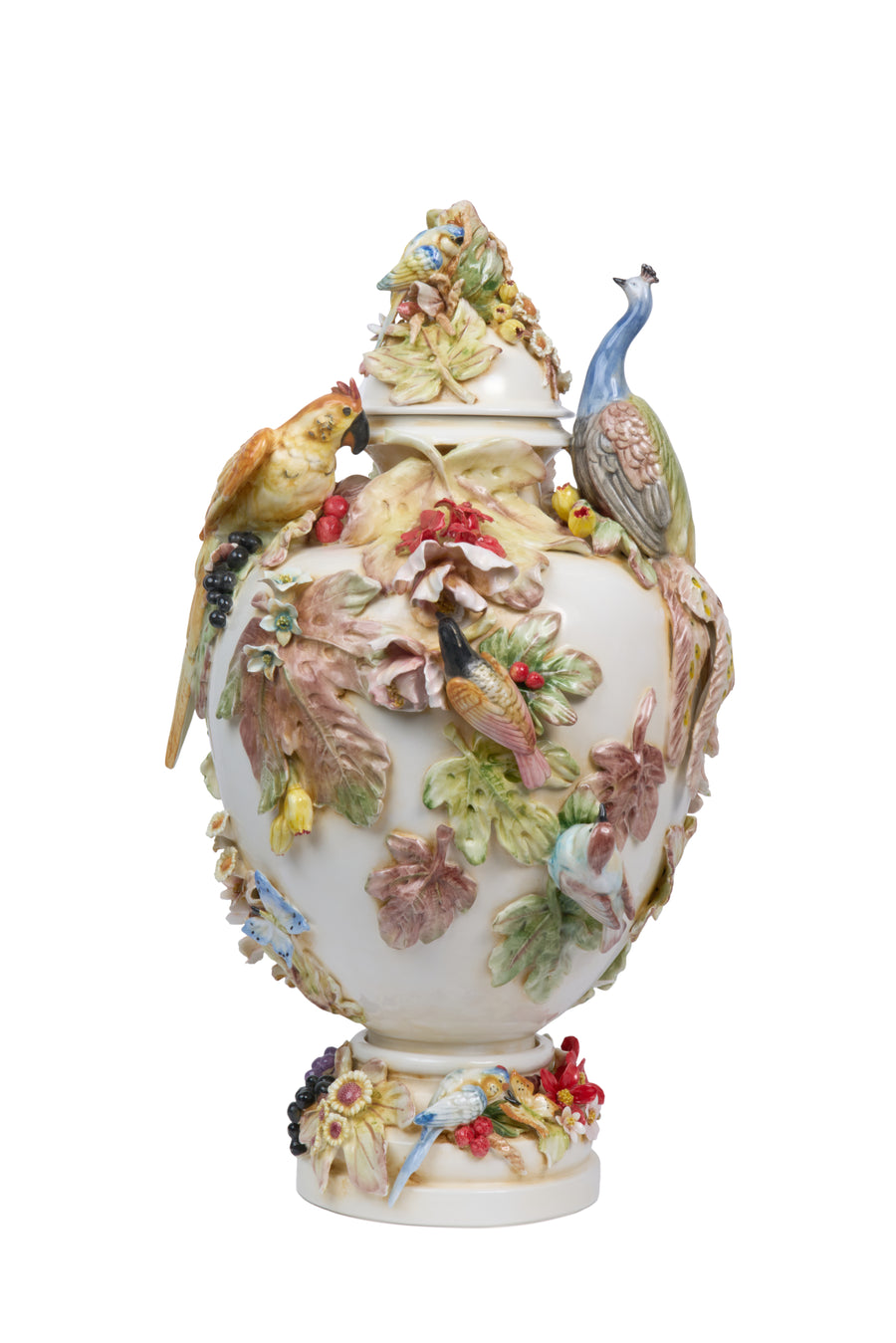 "Caserta" White Vase with Cover and Colored Leaves and Peacock