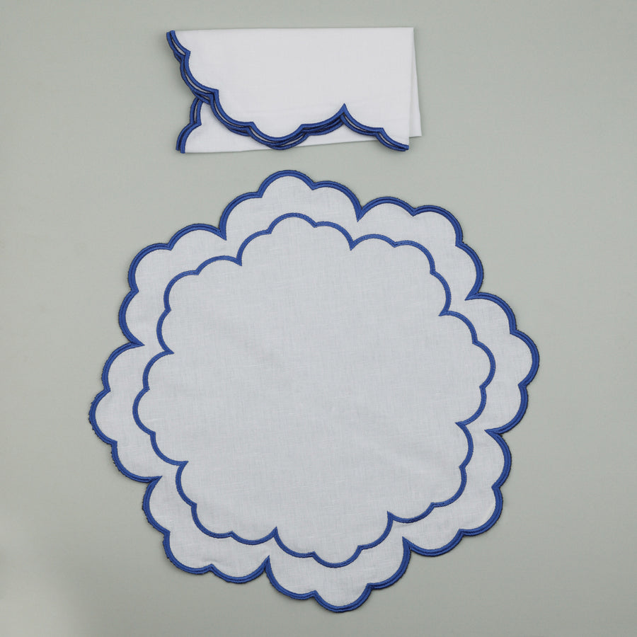 Set of Iris Napkin & Round Placemat, White with Dark Blue Embroidery (4 Pcs Each)