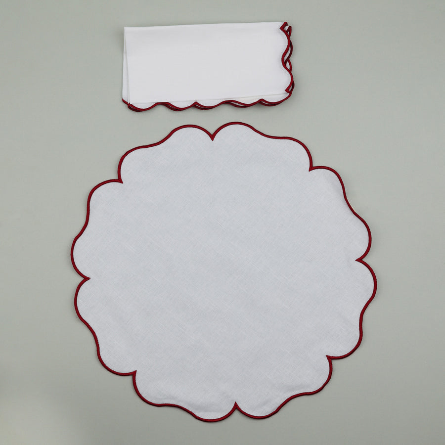 Set of Palma Napkin & Round Placemat, White with Bordeaux Embroidery (4 Pcs Each)