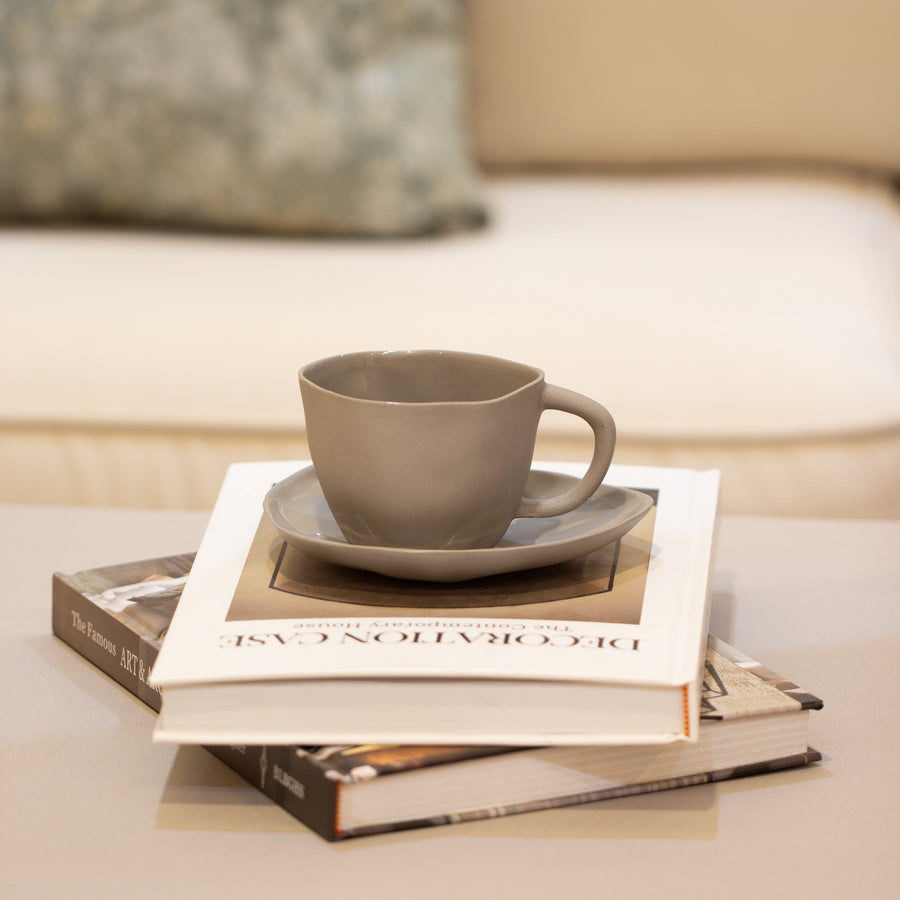 Small Stoneware Cup & Saucer, Sterling Gray