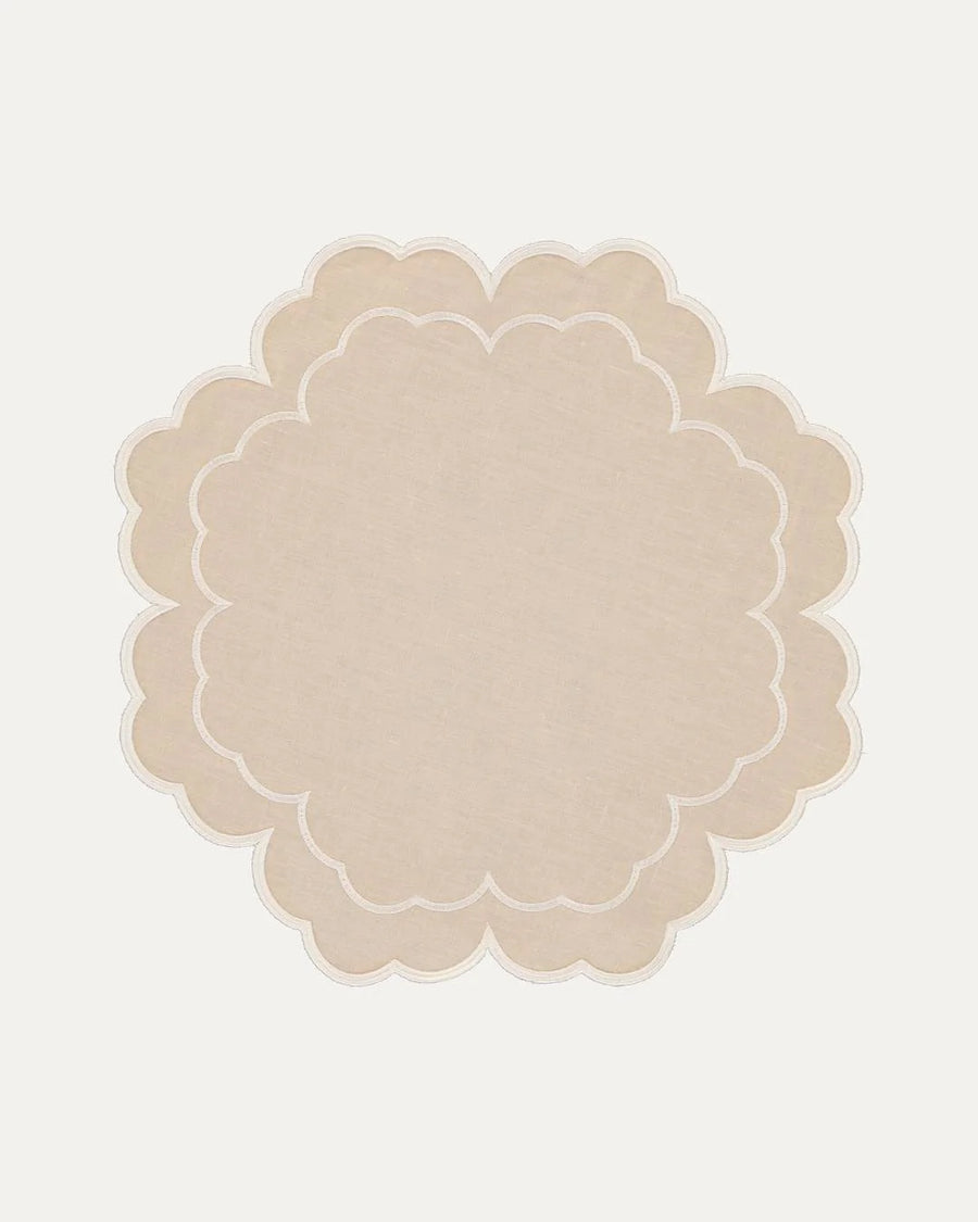 Set of Iris Napkin & Round Placemat, Beige with White Embroidery (4 Pcs Each)