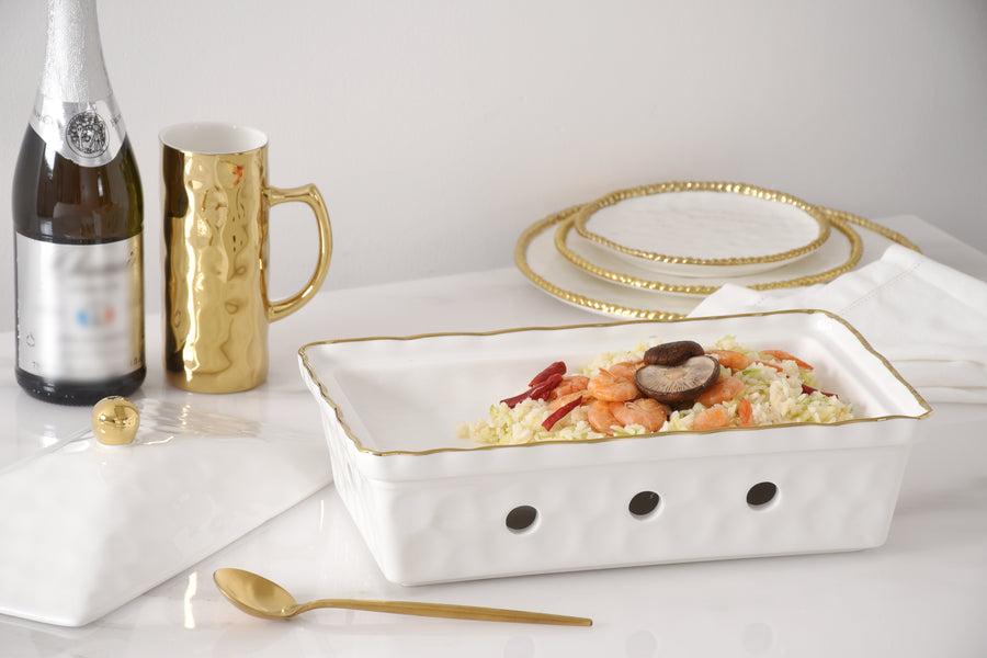 Rectangular Chafing Dish with Wavy Gold Rim