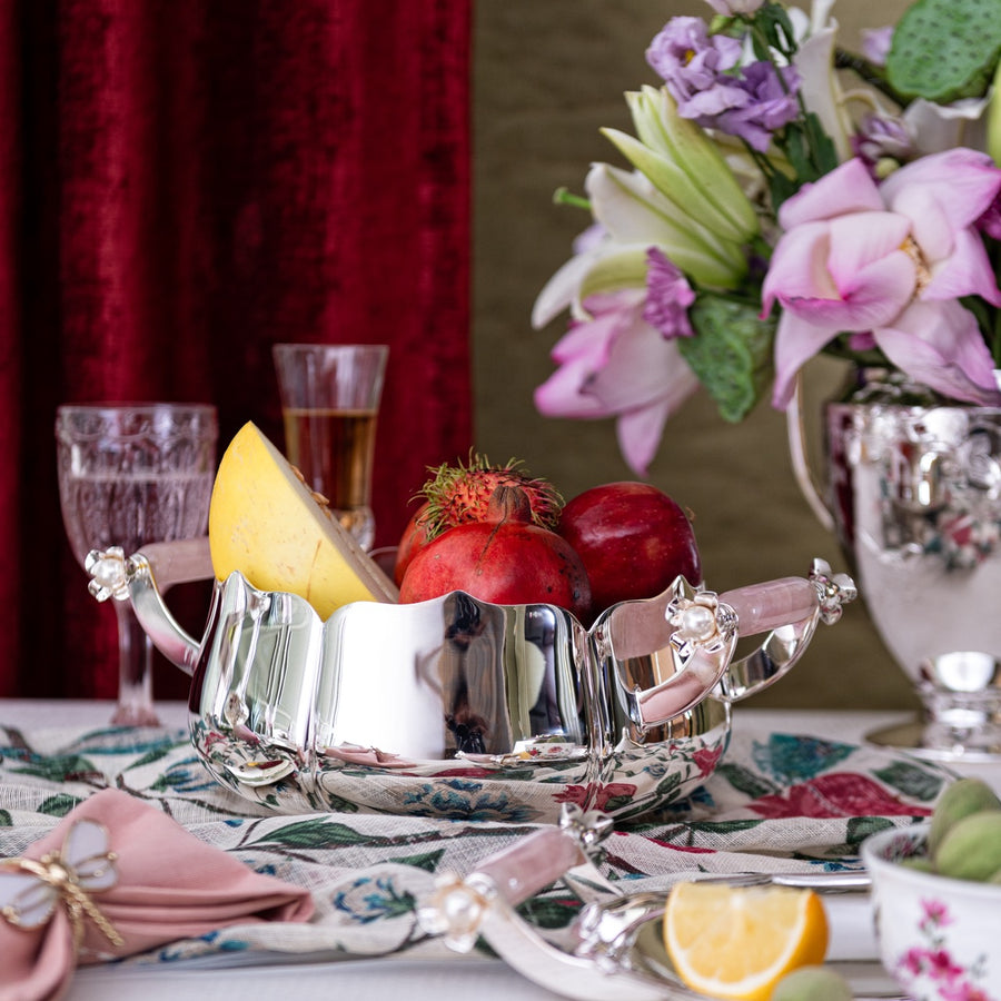 Round Pearl Serving Bowl with Pink Quartz & Silver Pearl Handle