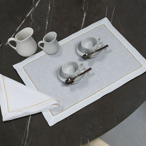 Sonia Table Linen Set (Placemat + Napkin) with Hemstitch - 1/13 White/Gold