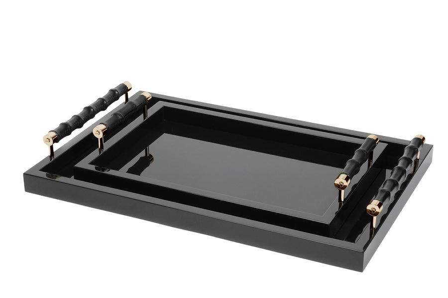 Lacquered Tray with Leather Bamboo Gold Handles Black