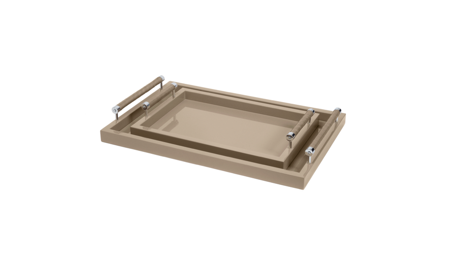 Lacquered Tray with Leather Chrome Handles Taupe