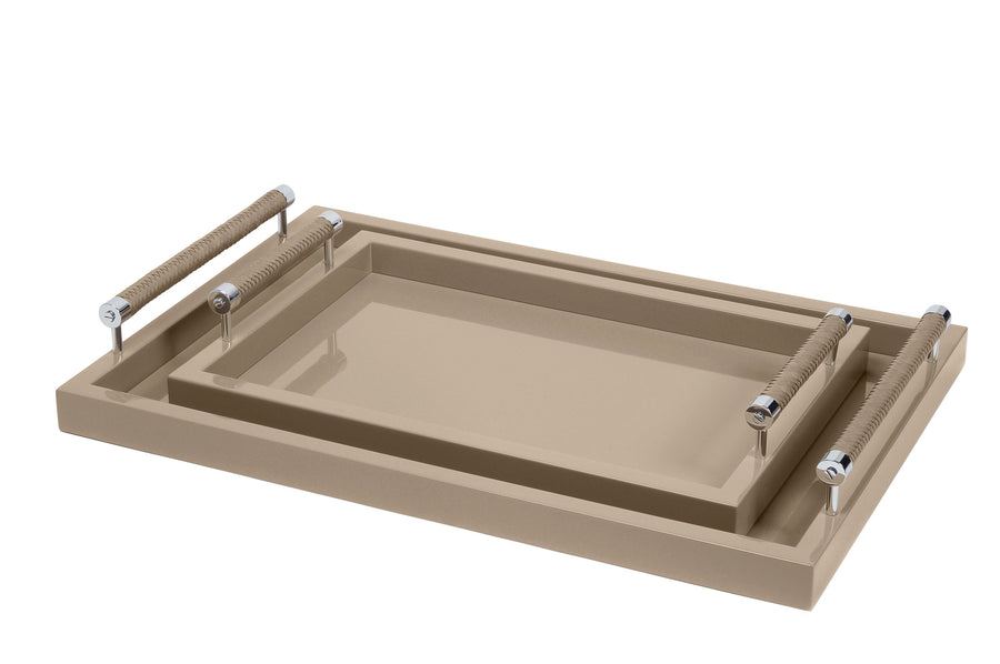 Lacquered Tray with Leather Chrome Handles Taupe