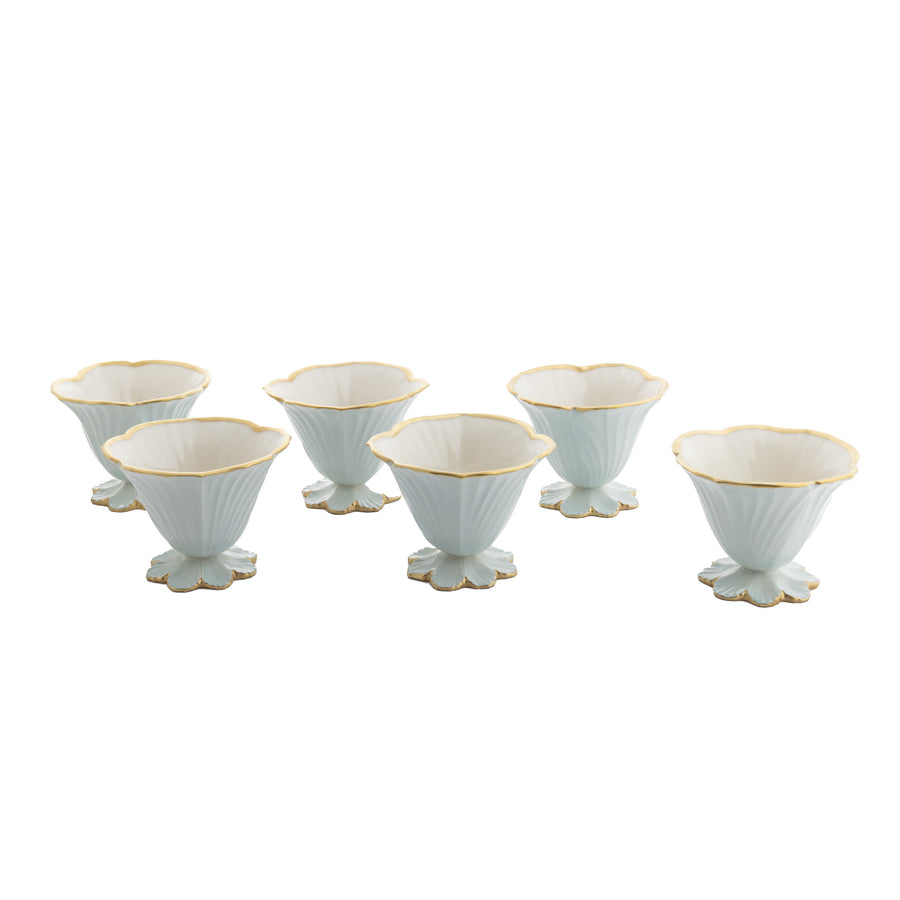 Bell Flower Cup Ice Cream Bowl, Turquoise with Matt Gold Thread, Box of 6