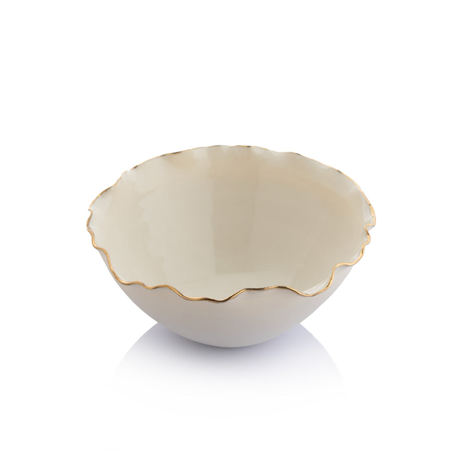 Merletto Bowl with Shiny Rim Eggshell Edges White - Large